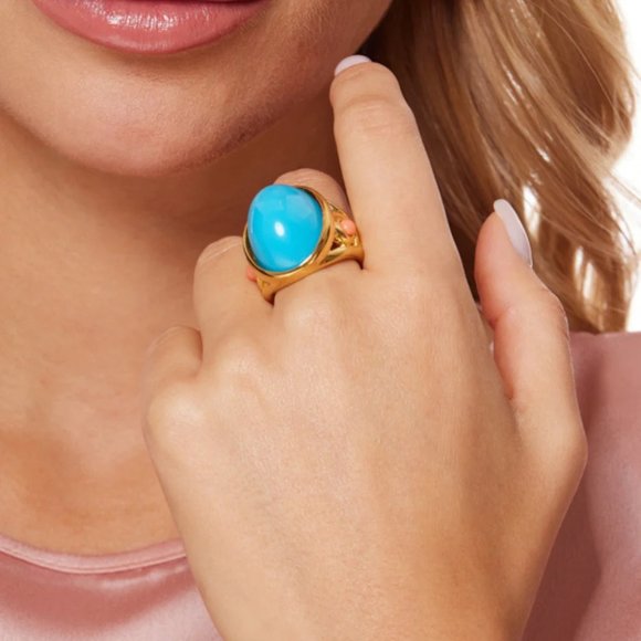 Kenneth Jay Lane, Gold Ring with Turquoise Cabochon Center & Coral Cabochon Dots - Picture 1 of 5
